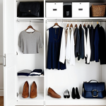 **Minimalist Closet Concept:** A bright, airy closet featuring a curated selection of clothing in neutral colors (white, black, grey, navy).  Include versatile pieces like a simple white shirt, jeans, and a skirt. Add a stylish scarf and necklace as accessories.  The overall aesthetic should be clean, organized, and peaceful.