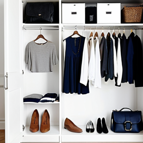 Home 4 **Minimalist Closet Concept:** A bright, airy closet featuring a curated selection of clothing in neutral colors (white, black, grey, navy). Include versatile pieces like a simple white shirt, jeans, and a skirt. Add a stylish scarf and necklace as accessories. The overall aesthetic should be clean, organized, and peaceful.