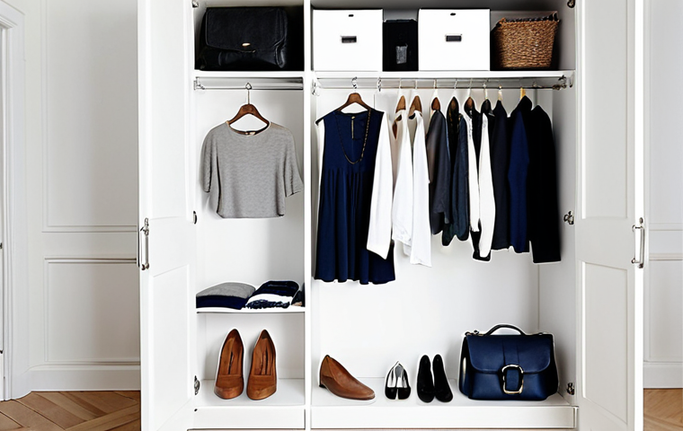 **Minimalist Closet Concept:** A bright, airy closet featuring a curated selection of clothing in neutral colors (white, black, grey, navy). Include versatile pieces like a simple white shirt, jeans, and a skirt. Add a stylish scarf and necklace as accessories. The overall aesthetic should be clean, organized, and peaceful.